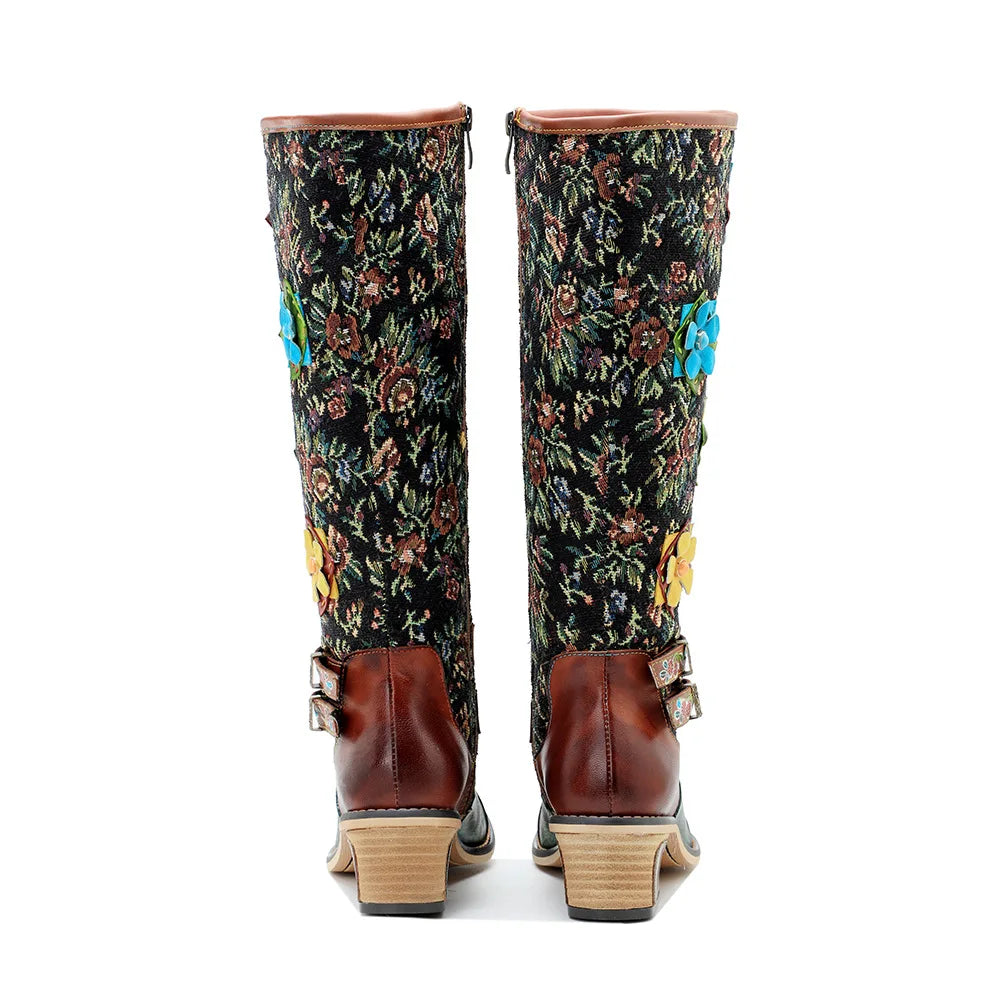 Socofy Raffan Women's Genuine Leather Floral Embroidered Buckle Detail Patchwork Ankle Block Heel Cowgirl Boots - CB063