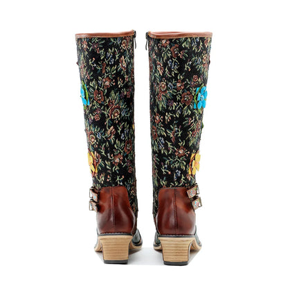 Socofy Raffan Women's Genuine Leather Floral Embroidered Buckle Detail Patchwork Ankle Block Heel Cowgirl Boots - CB063