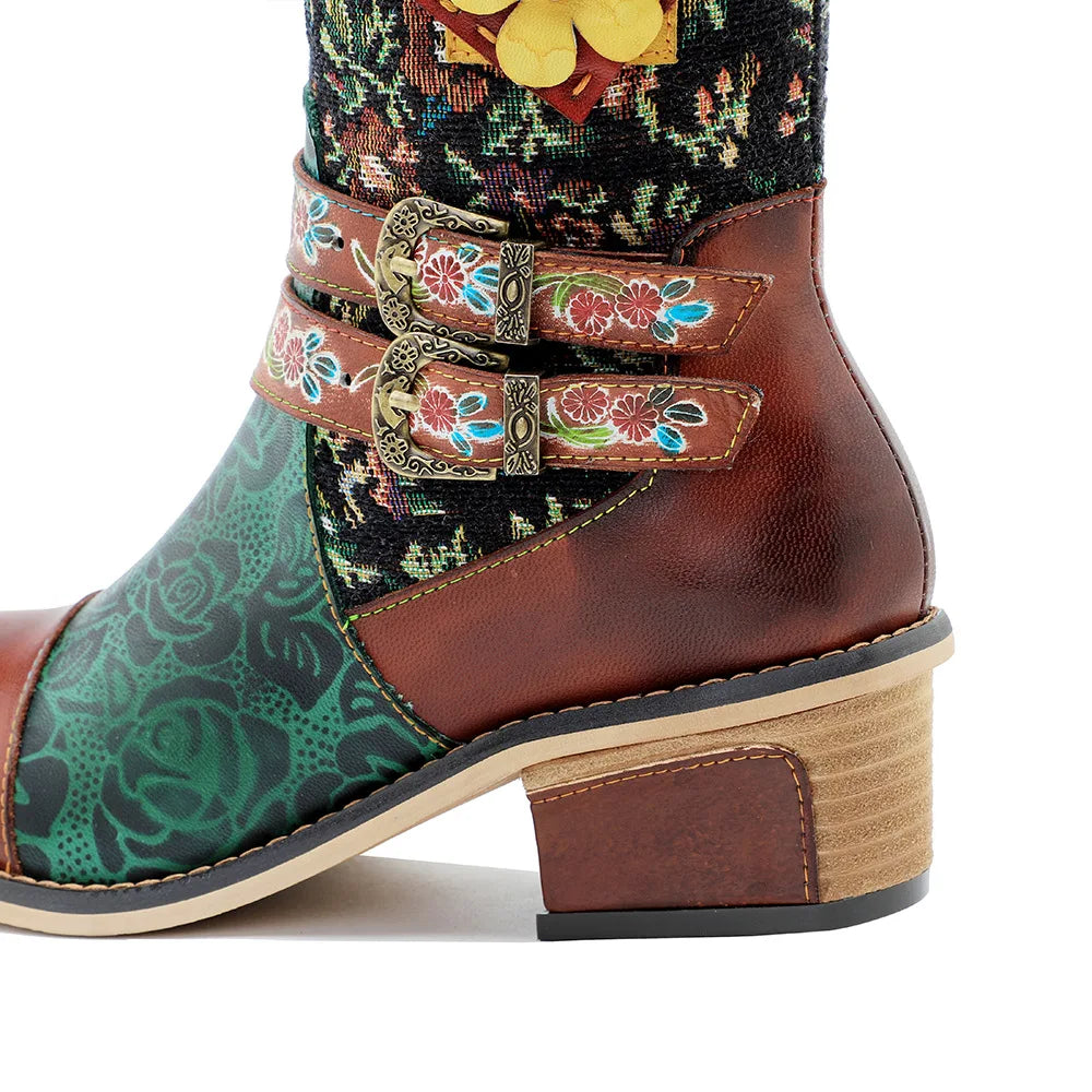 Socofy Raffan Women's Genuine Leather Floral Embroidered Buckle Detail Patchwork Ankle Block Heel Cowgirl Boots - CB063