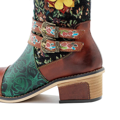 Socofy Raffan Women's Genuine Leather Floral Embroidered Buckle Detail Patchwork Ankle Block Heel Cowgirl Boots - CB063