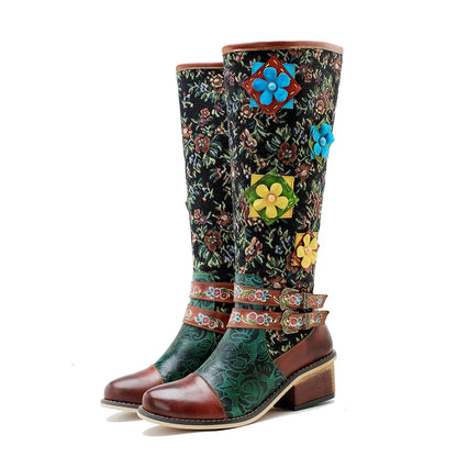Socofy Raffan Women's Genuine Leather Floral Embroidered Buckle Detail Patchwork Ankle Block Heel Cowgirl Boots - CB063