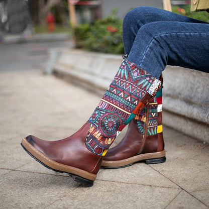 Socofy Raffan Women's Genuine Leather Western Round Toe Cowgirl Boots - CB058