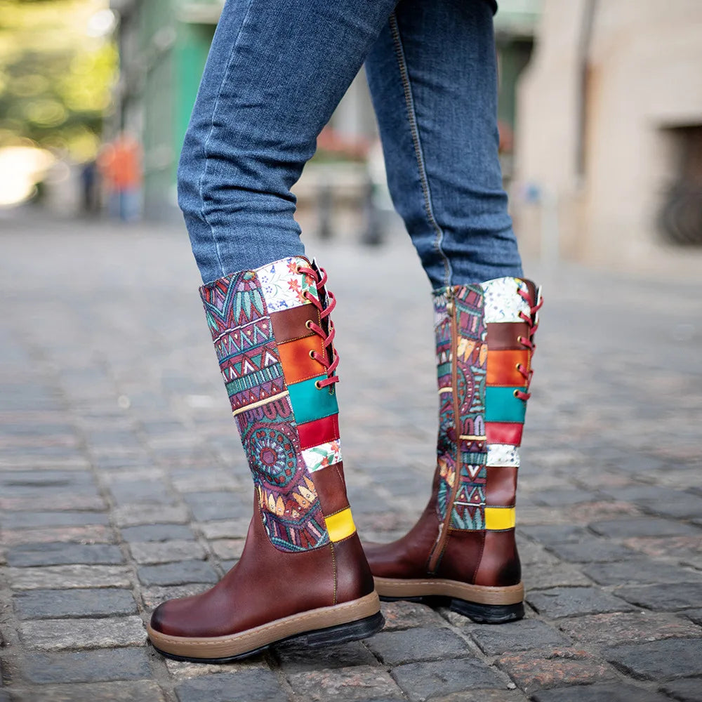 Socofy Raffan Women's Genuine Leather Western Round Toe Cowgirl Boots - CB058