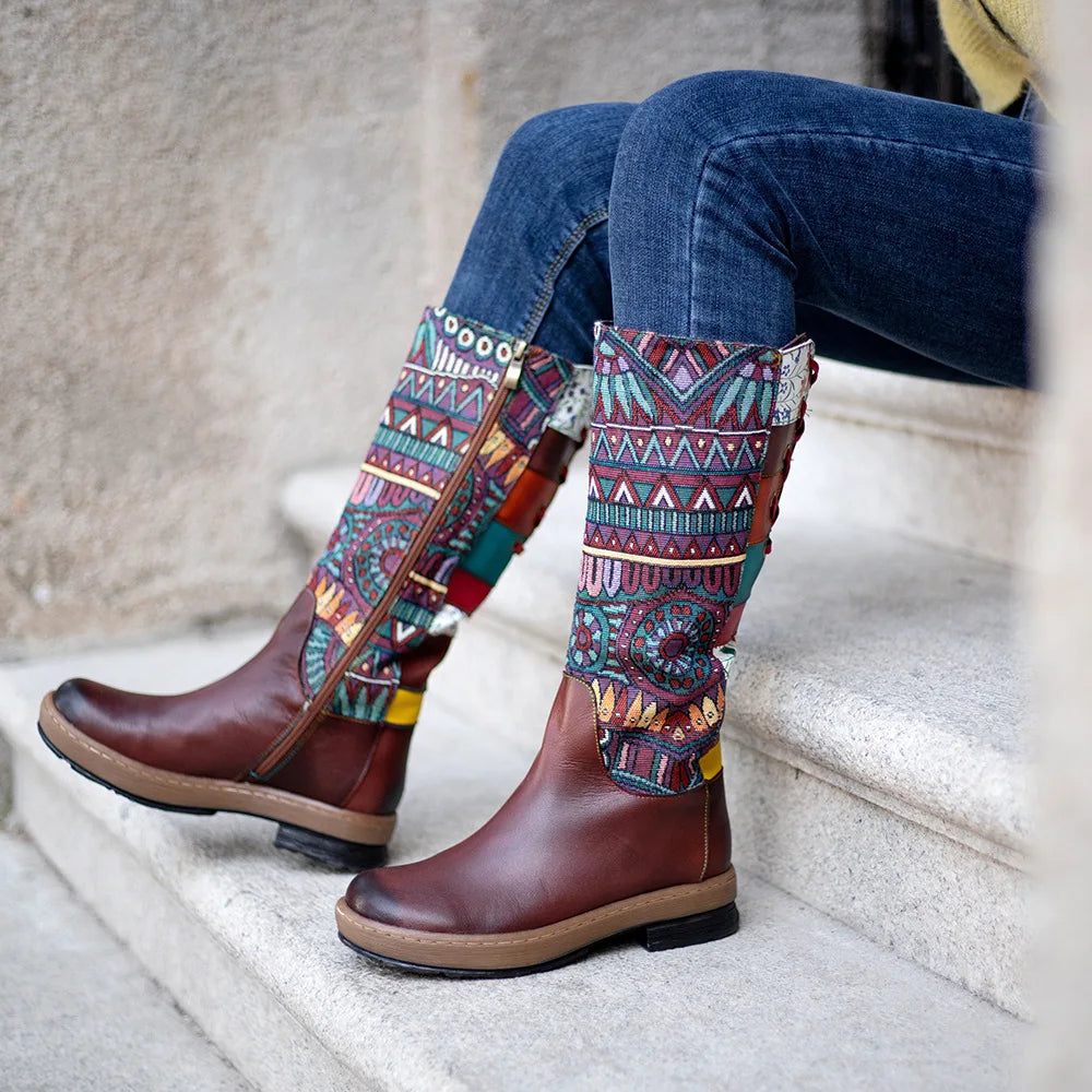 Socofy Raffan Women's Genuine Leather Western Round Toe Cowgirl Boots - CB058