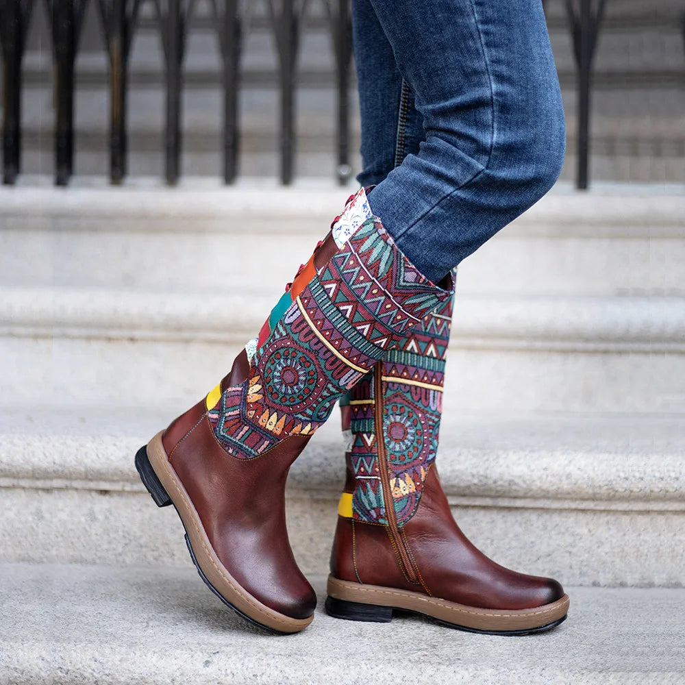Socofy Raffan Women's Genuine Leather Western Round Toe Cowgirl Boots - CB058