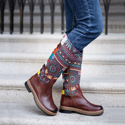 Socofy Raffan Women's Genuine Leather Western Round Toe Cowgirl Boots - CB058