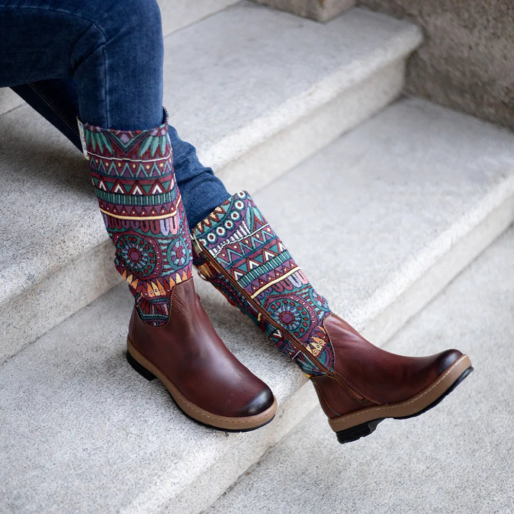 Socofy Raffan Women's Genuine Leather Western Round Toe Cowgirl Boots - CB058
