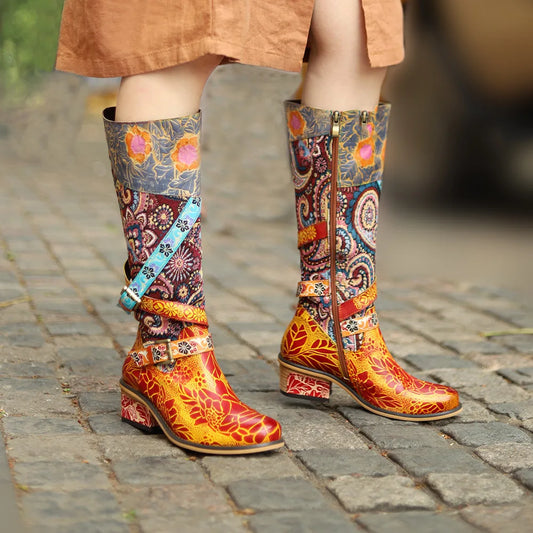 Socofy Raffan Women's Genuine Leather Buckle Detail Knee-High Block Heel Cowgirl Boots - CB059