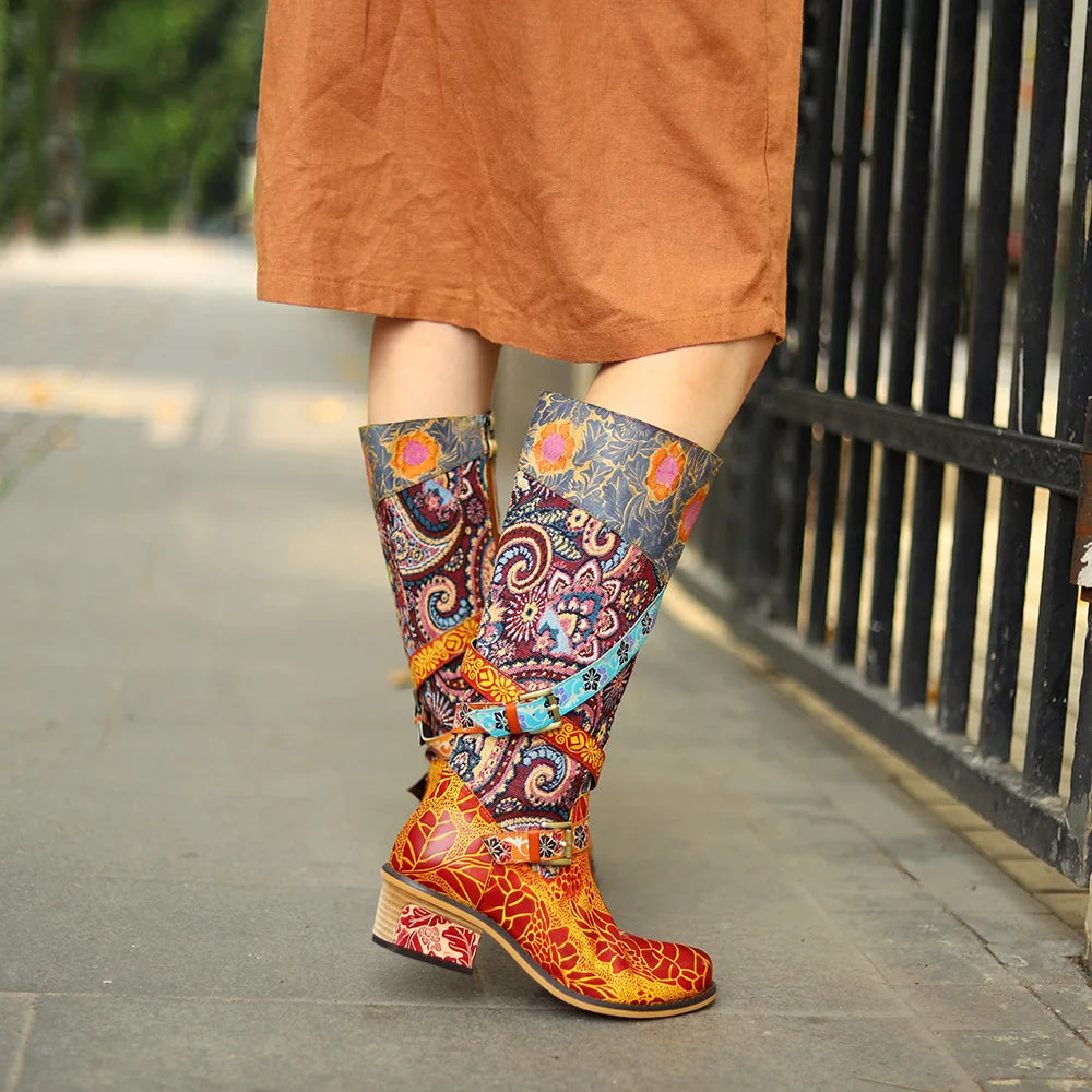 Socofy Raffan Women's Genuine Leather Buckle Detail Knee-High Block Heel Cowgirl Boots - CB059