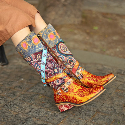 Socofy Raffan Women's Genuine Leather Buckle Detail Knee-High Block Heel Cowgirl Boots - CB059