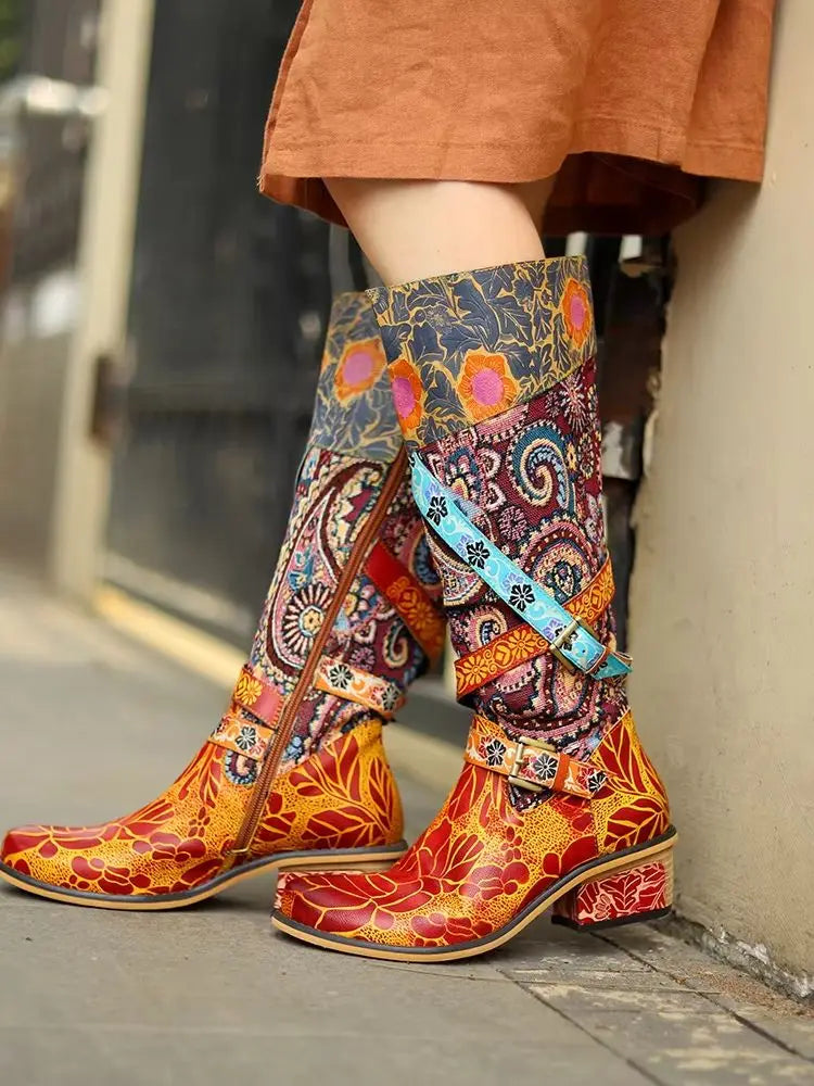 Socofy Raffan Women's Genuine Leather Buckle Detail Knee-High Block Heel Cowgirl Boots - CB059