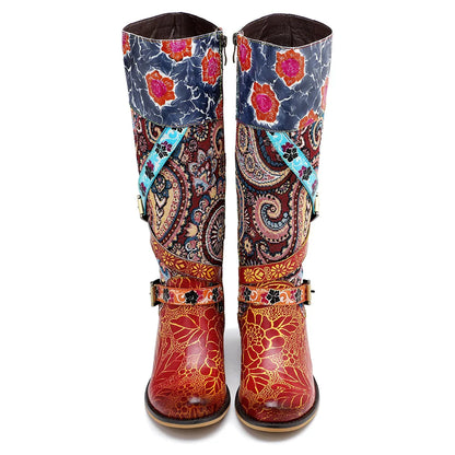 Socofy Raffan Women's Genuine Leather Buckle Detail Knee-High Block Heel Cowgirl Boots - CB059