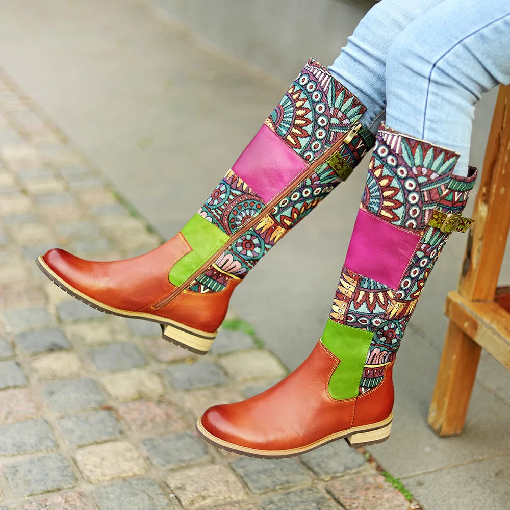 Socofy Raffan Women's Genuine Leather Patchwork Knee-High Cowgirl Boots - CB064