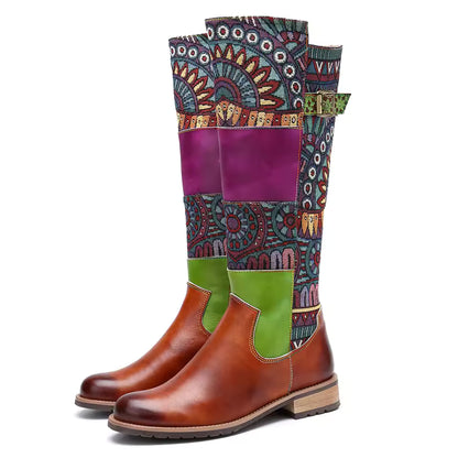Socofy Raffan Women's Genuine Leather Patchwork Knee-High Cowgirl Boots - CB064