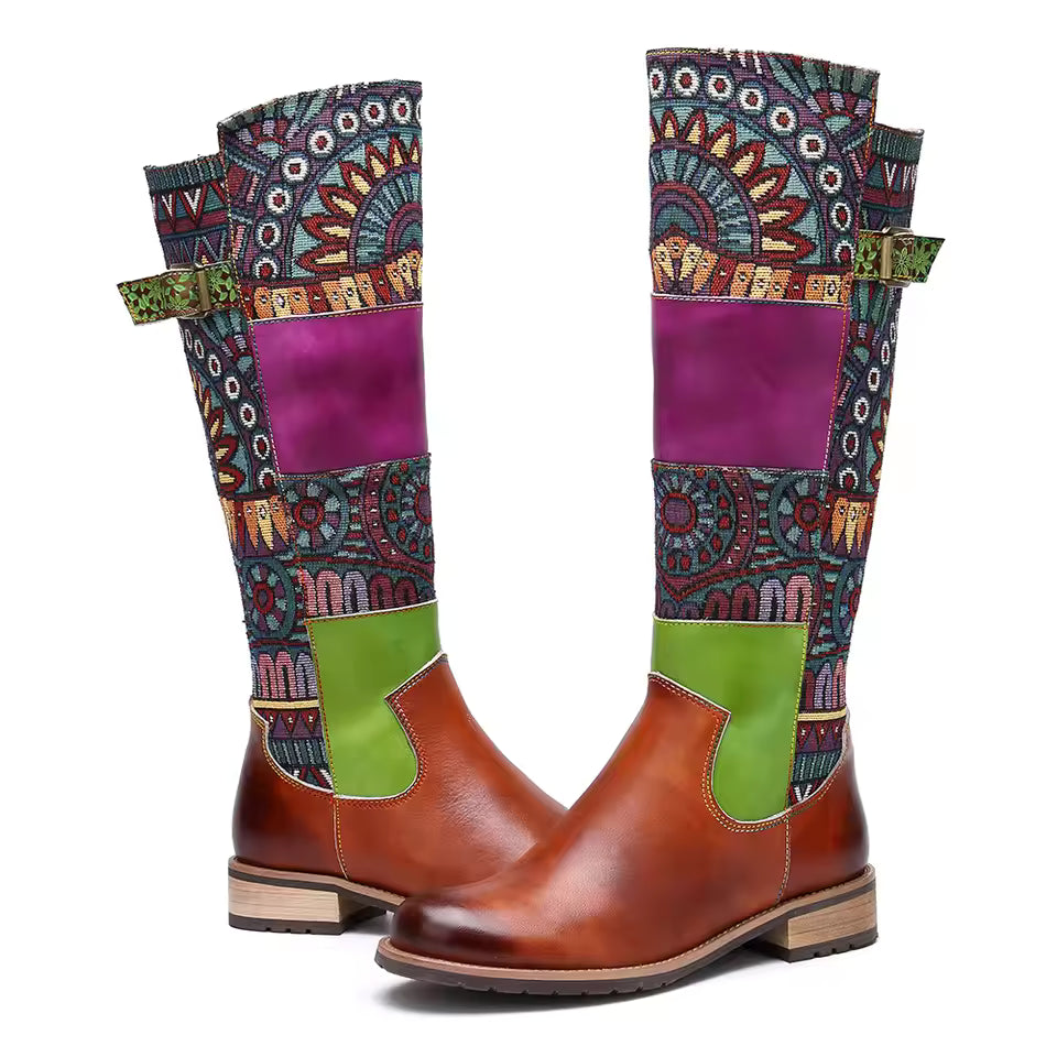 Socofy Raffan Women's Genuine Leather Patchwork Knee-High Cowgirl Boots - CB064