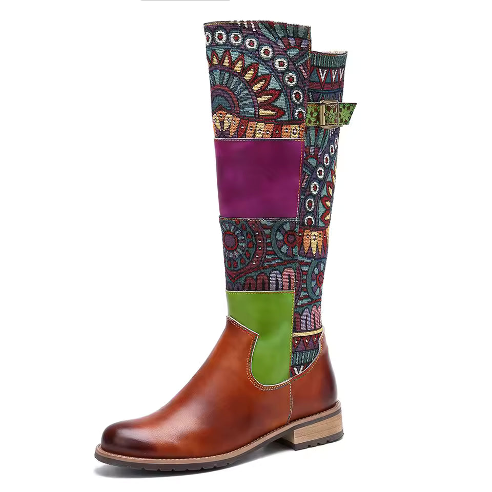 Socofy Raffan Women's Genuine Leather Patchwork Knee-High Cowgirl Boots - CB064