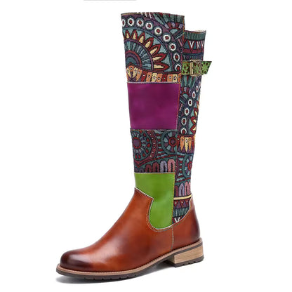 Socofy Raffan Women's Genuine Leather Patchwork Knee-High Cowgirl Boots - CB064