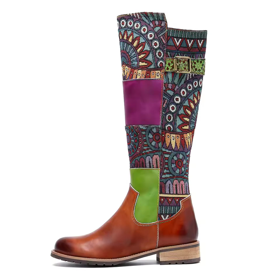 Socofy Raffan Women's Genuine Leather Patchwork Knee-High Cowgirl Boots - CB064