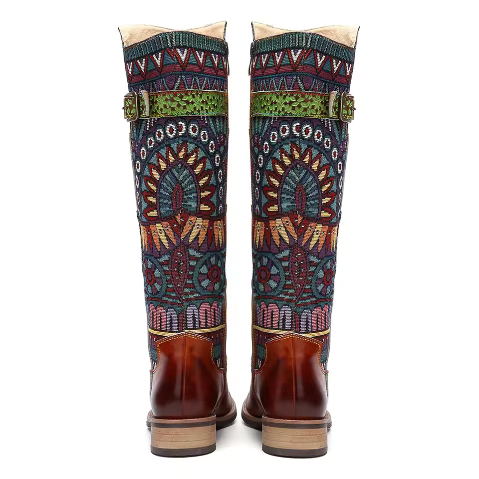 Socofy Raffan Women's Genuine Leather Patchwork Knee-High Cowgirl Boots - CB064