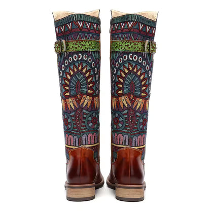 Socofy Raffan Women's Genuine Leather Patchwork Knee-High Cowgirl Boots - CB064