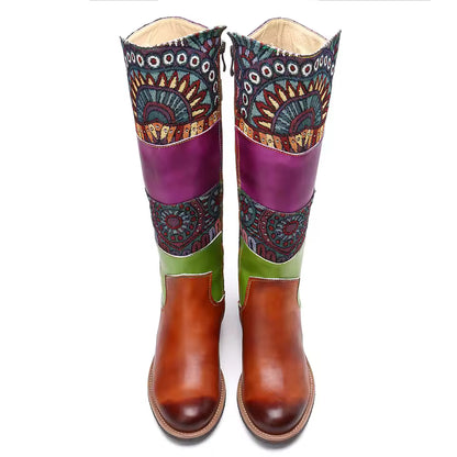 Socofy Raffan Women's Genuine Leather Patchwork Knee-High Cowgirl Boots - CB064