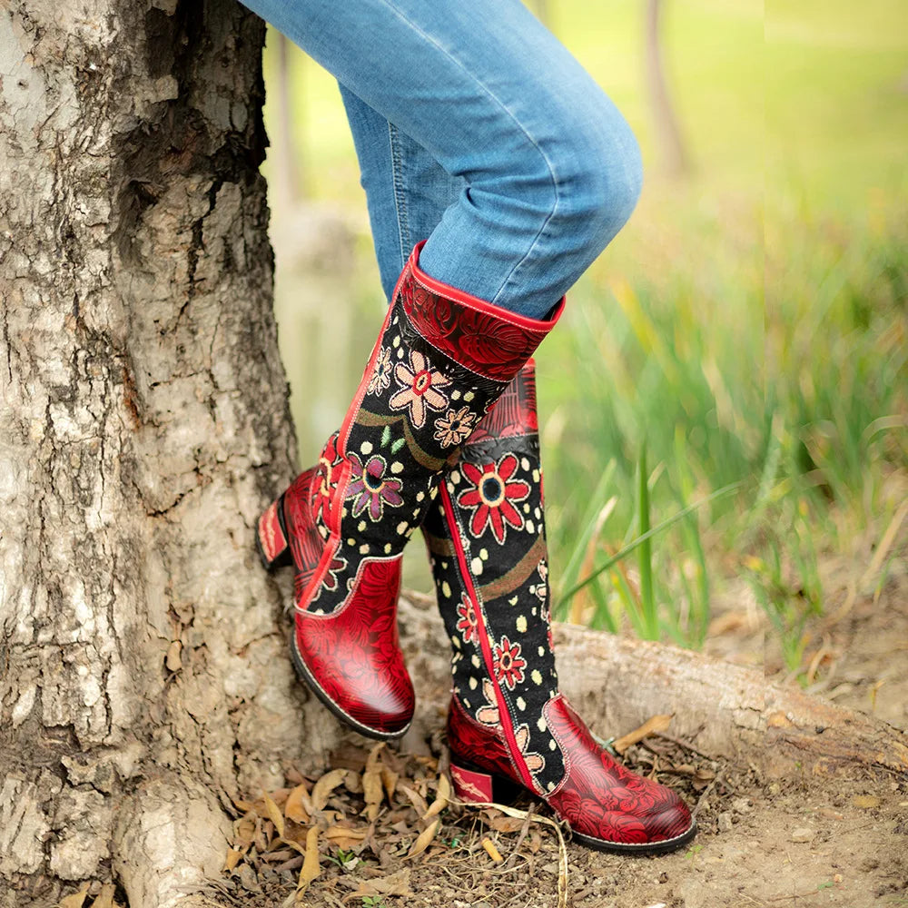 Socofy Raffan Women's Genuine Leather Floral Embroidered Side-Zip Knee-High Cowgirl Boots - CB066