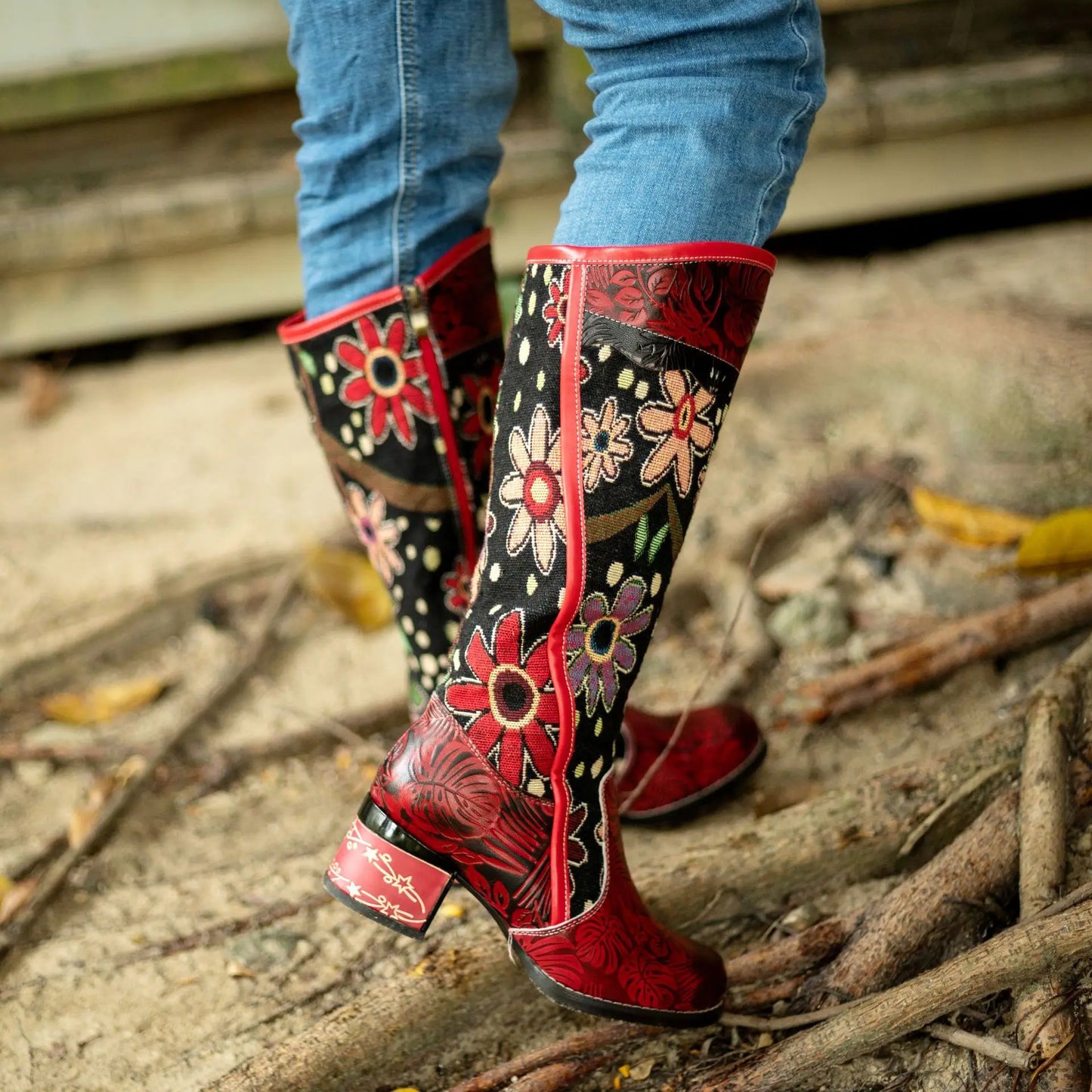 Socofy Raffan Women's Genuine Leather Floral Embroidered Side-Zip Knee-High Cowgirl Boots - CB066