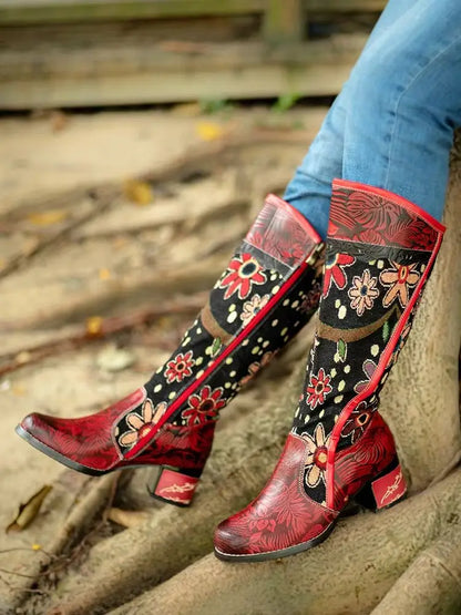 Socofy Raffan Women's Genuine Leather Floral Embroidered Side-Zip Knee-High Cowgirl Boots - CB066