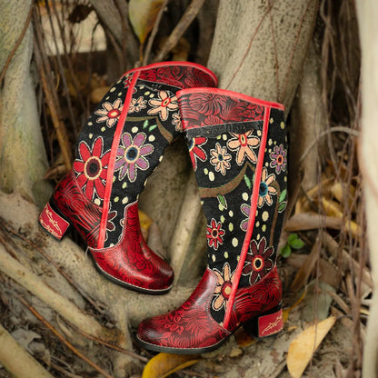 Socofy Raffan Women's Genuine Leather Floral Embroidered Side-Zip Knee-High Cowgirl Boots - CB066