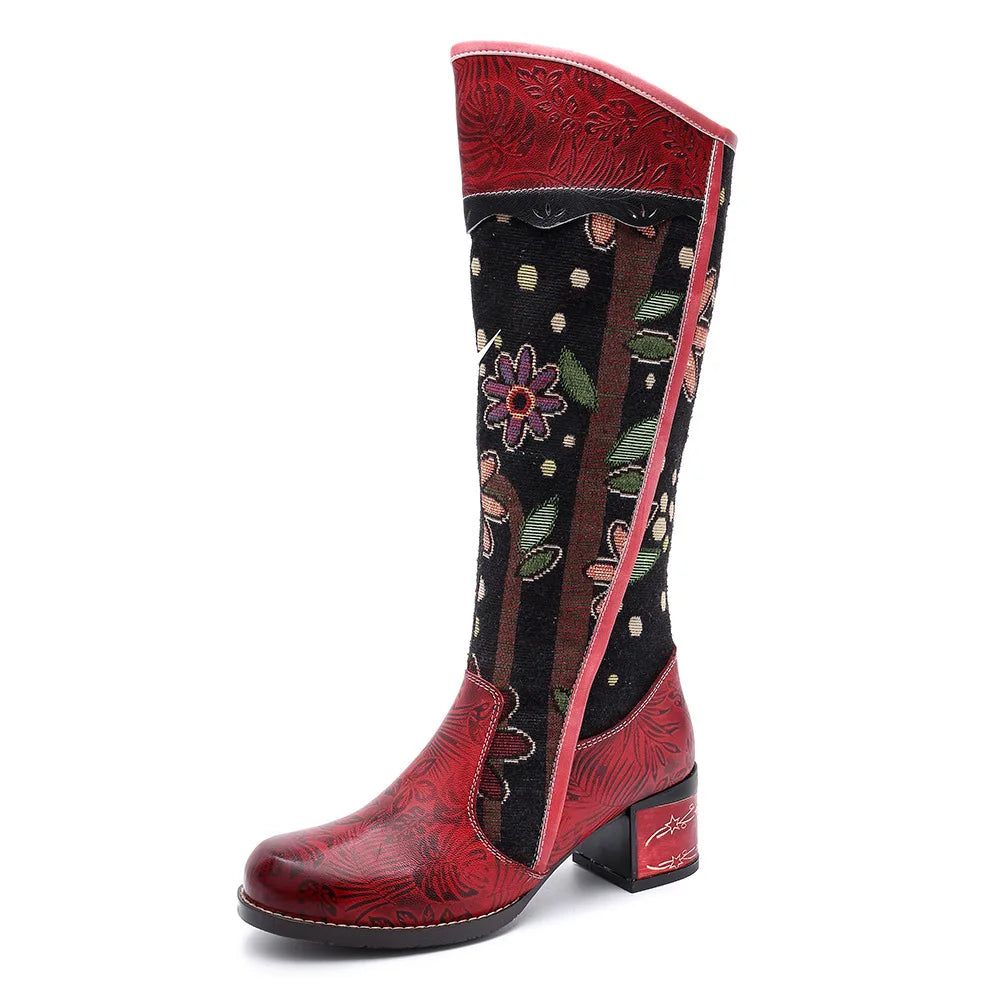 Socofy Raffan Women's Genuine Leather Floral Embroidered Side-Zip Knee-High Cowgirl Boots - CB066