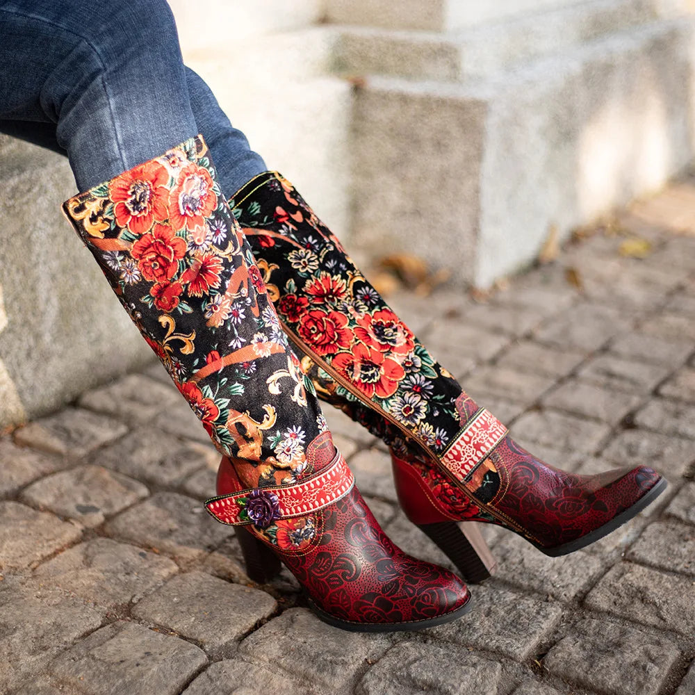 Socofy Raffan Women's Genuine Leather Floral Embroidered Side-Zip Knee-High Block Heel Cowgirl Boots - CB067