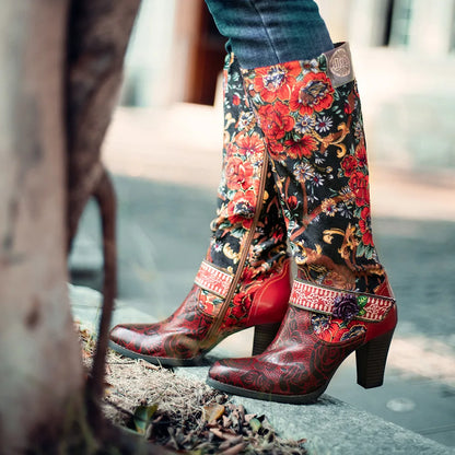 Socofy Raffan Women's Genuine Leather Floral Embroidered Side-Zip Knee-High Block Heel Cowgirl Boots - CB067