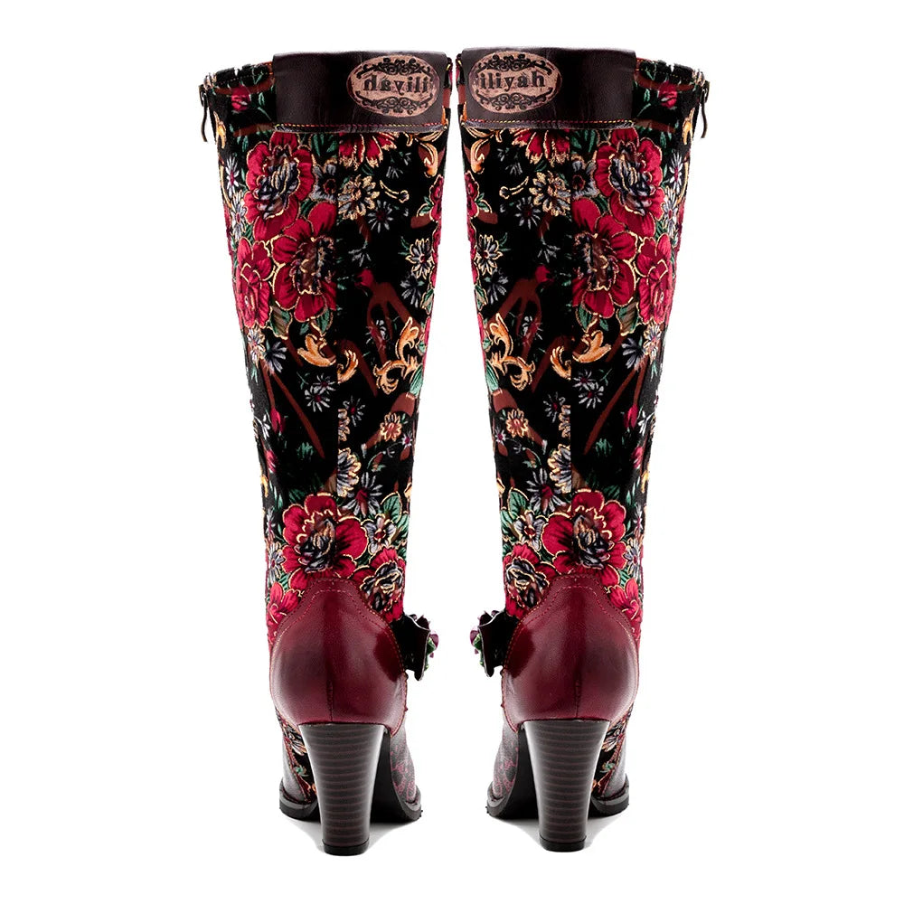 Socofy Raffan Women's Genuine Leather Floral Embroidered Side-Zip Knee-High Block Heel Cowgirl Boots - CB067