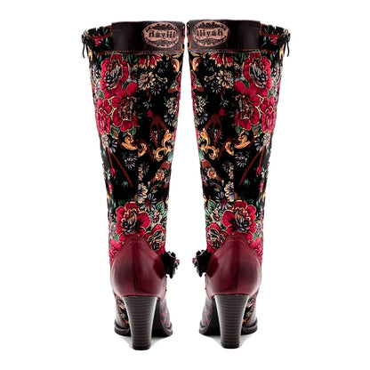 Socofy Raffan Women's Genuine Leather Floral Embroidered Side-Zip Knee-High Block Heel Cowgirl Boots - CB067