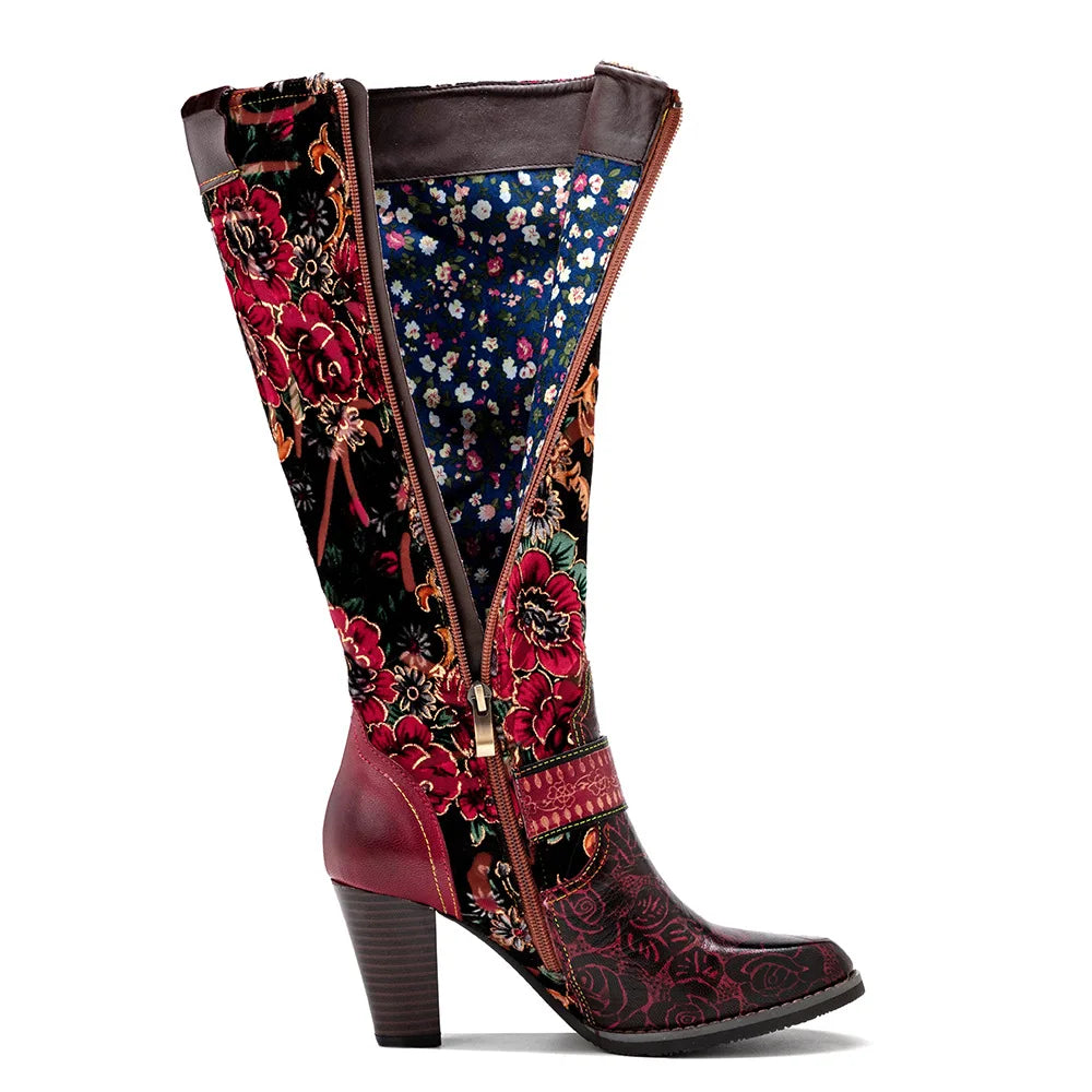 Socofy Raffan Women's Genuine Leather Floral Embroidered Side-Zip Knee-High Block Heel Cowgirl Boots - CB067
