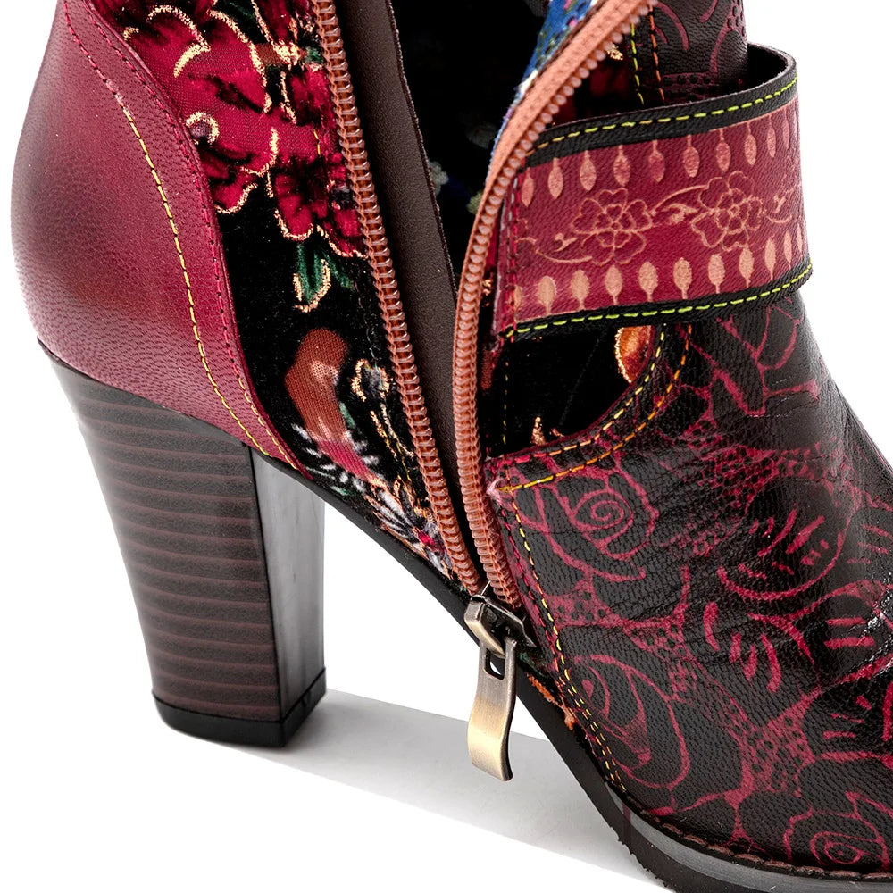 Socofy Raffan Women's Genuine Leather Floral Embroidered Side-Zip Knee-High Block Heel Cowgirl Boots - CB067