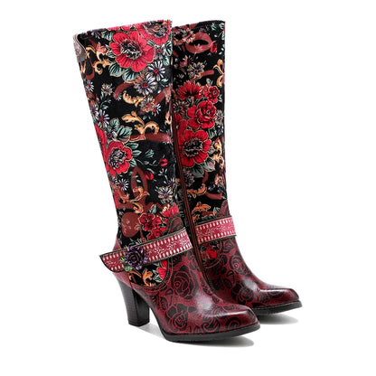 Socofy Raffan Women's Genuine Leather Floral Embroidered Side-Zip Knee-High Block Heel Cowgirl Boots - CB067