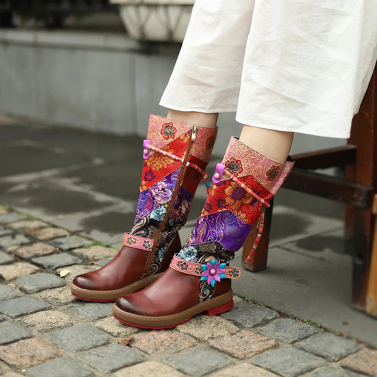 Socofy Raffan Print Genuine Leather Ankle Knee High Boots Woman Flats Ladies Flower Autumn Spring Plus Size Shoes Long Boots - CB062