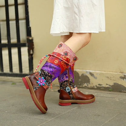 Socofy Raffan Women's Genuine Leather Floral Embroidered Knee-High Low Heel Cowgirl Boots - CB062