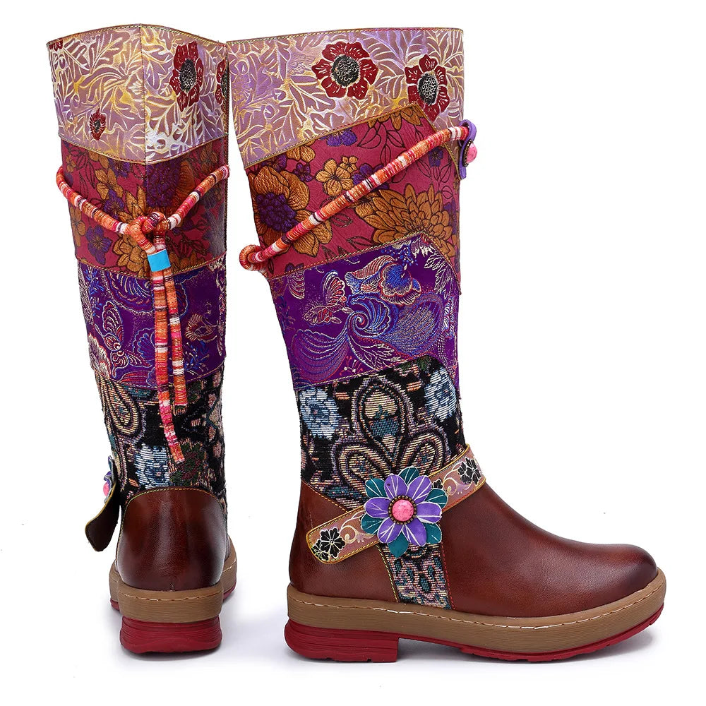 Socofy Raffan Women's Genuine Leather Floral Embroidered Knee-High Low Heel Cowgirl Boots - CB062