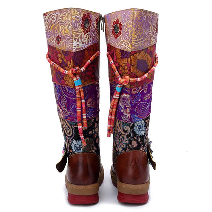 Socofy Raffan Women's Genuine Leather Floral Embroidered Knee-High Low Heel Cowgirl Boots - CB062