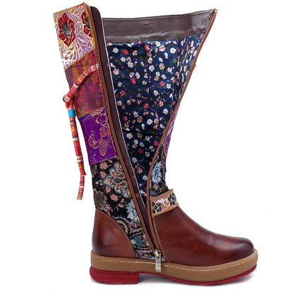 Socofy Raffan Women's Genuine Leather Floral Embroidered Knee-High Low Heel Cowgirl Boots - CB062