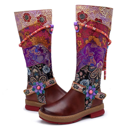 Socofy Raffan Women's Genuine Leather Floral Embroidered Knee-High Low Heel Cowgirl Boots - CB062