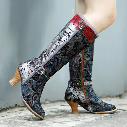Socofy Raffan Winter New Hand Painted Genuine Leather Patchwork Vintage Court Style Lace Trimmed High Heeled Long Boots - CB060