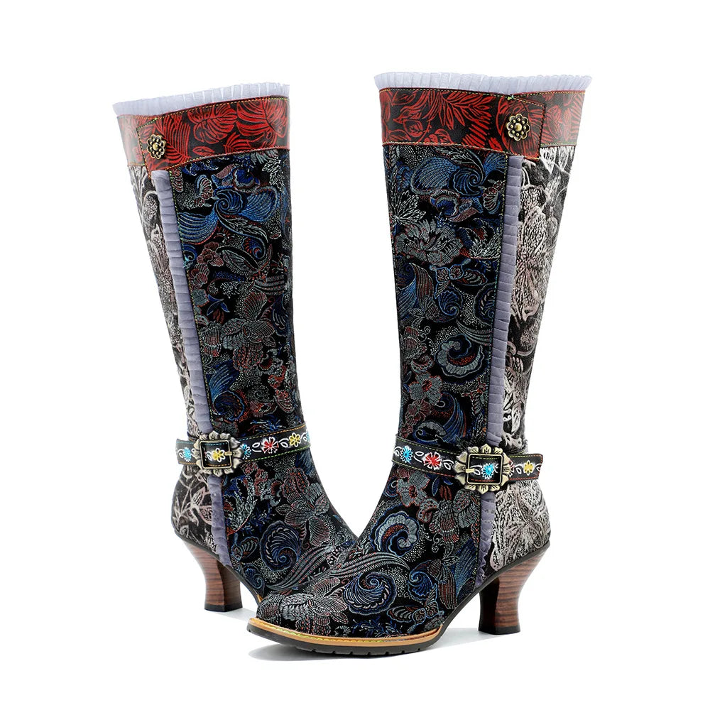 Socofy Raffan Winter New Hand Painted Genuine Leather Patchwork Vintage Court Style Lace Trimmed High Heeled Long Boots - CB060