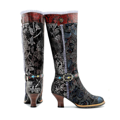 Socofy Raffan Winter New Hand Painted Genuine Leather Patchwork Vintage Court Style Lace Trimmed High Heeled Long Boots - CB060