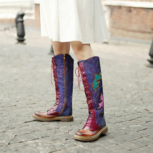 Socofy Raffan Women's Genuine Leather Knee-High Cowgirl Boots - CB065