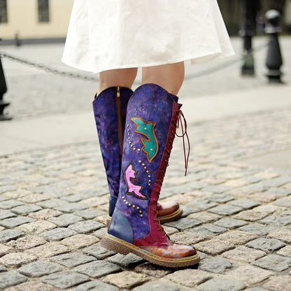 Socofy Raffan Women's Genuine Leather Knee-High Cowgirl Boots - CB065