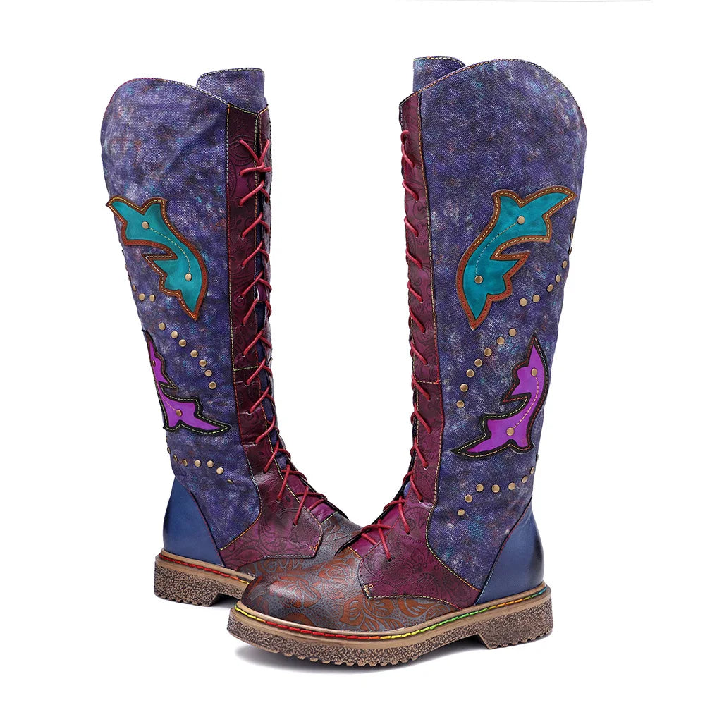Socofy Raffan Women's Genuine Leather Knee-High Cowgirl Boots - CB065