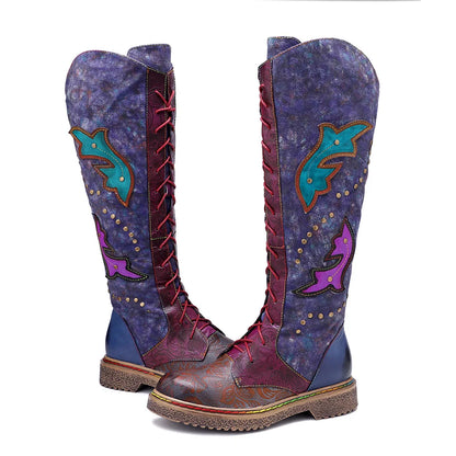 Socofy Raffan Women's Genuine Leather Knee-High Cowgirl Boots - CB065